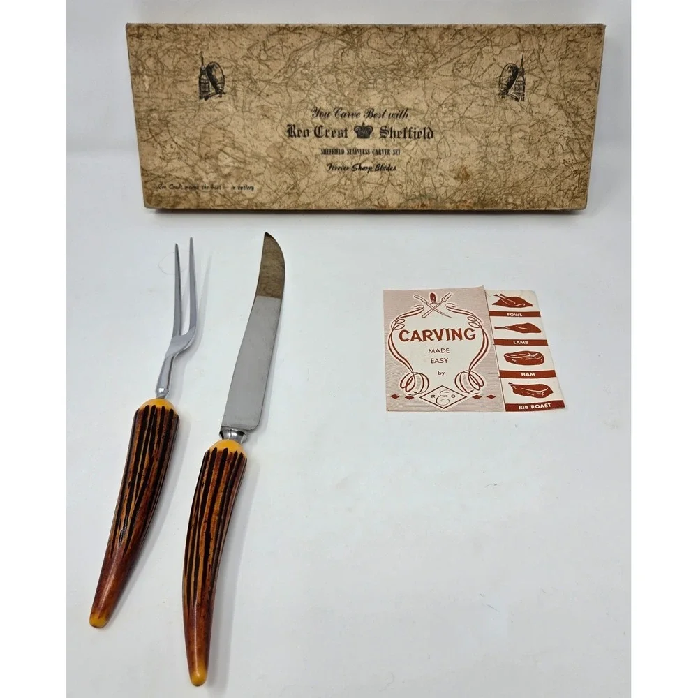 Vintage Kitchen Knife Set Lot 9 Piece Reo Sheffield Master Carver Royal Cutlery